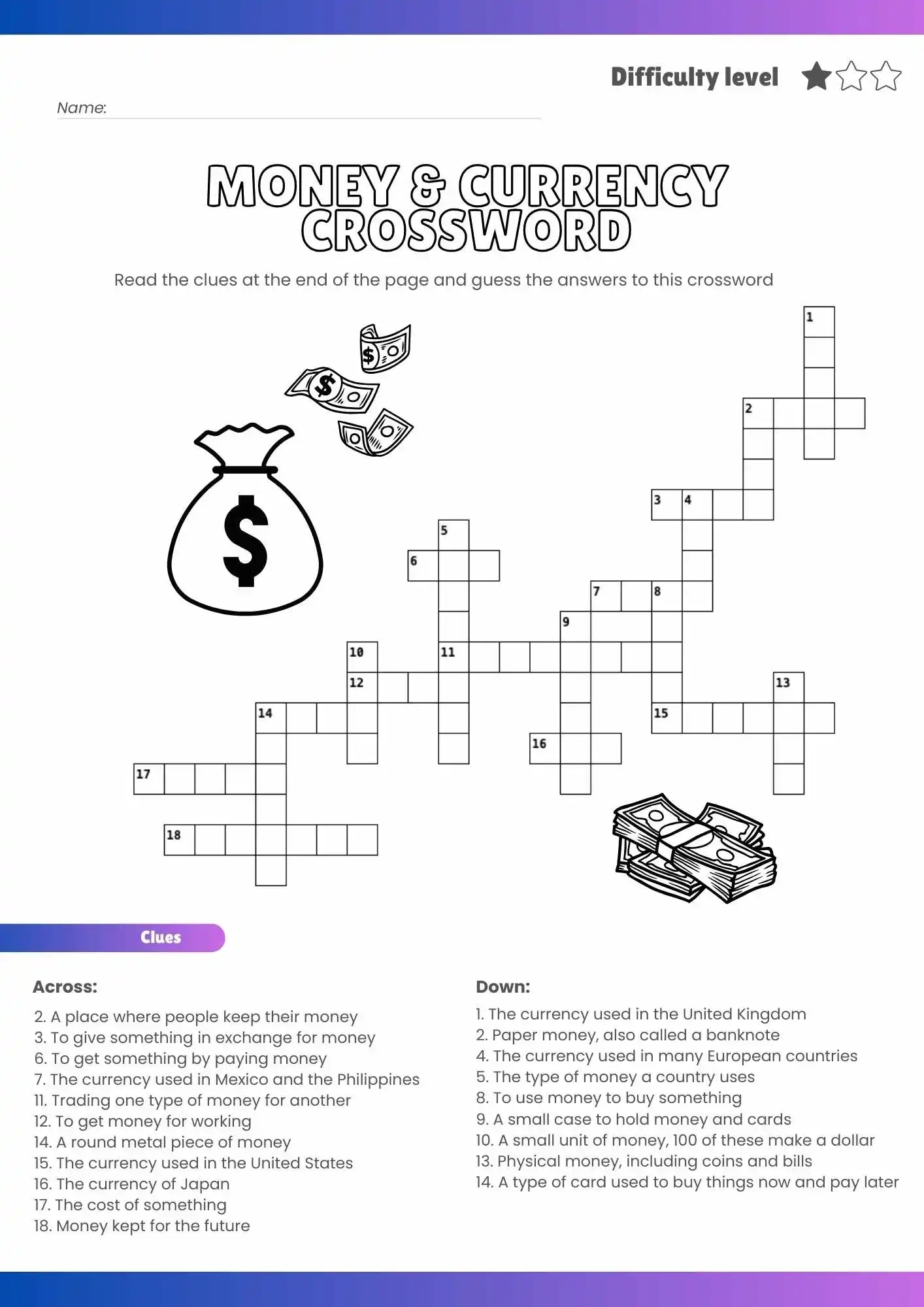 Free Money amp Currency Crossword Puzzle Printable Learning Fun 