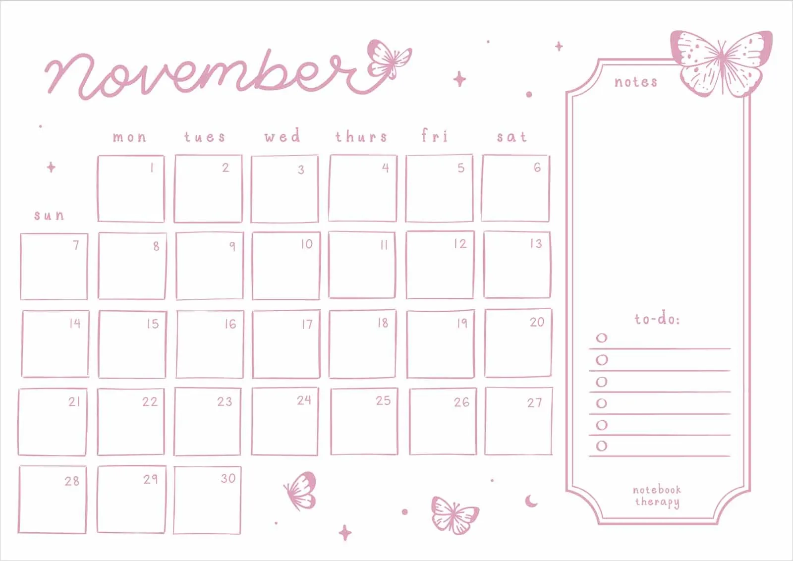 Free Monthly Calendar Printable NotebookTherapy Free Monthly Calendar Printable NotebookTherapy