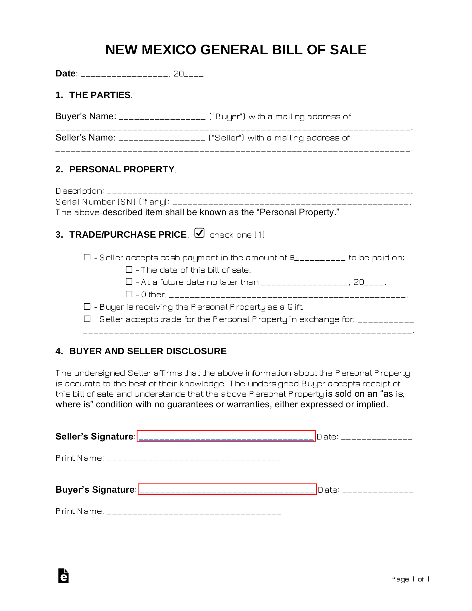 Free New Mexico General Bill Of Sale Form PDF Word EForms