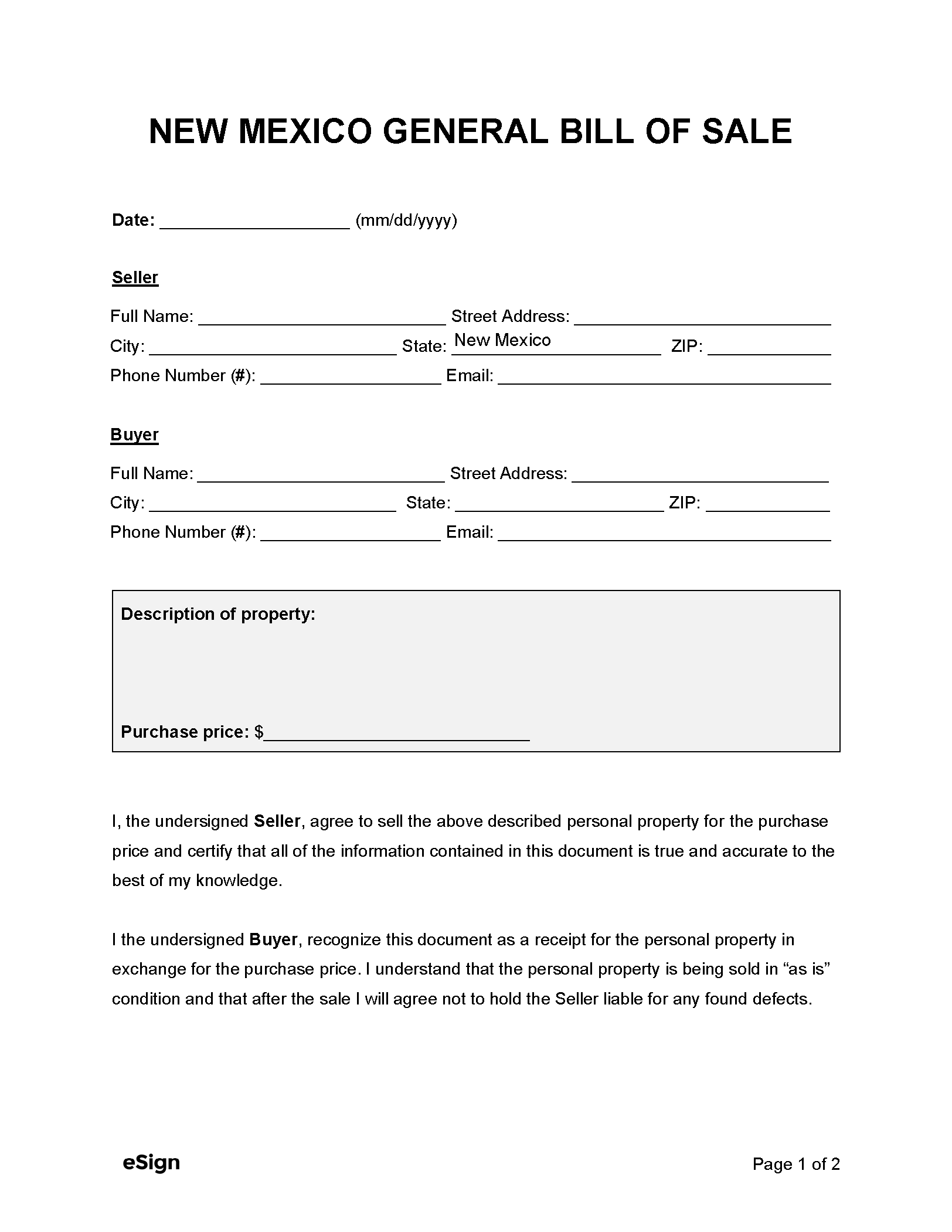 Free New Mexico General Bill Of Sale Form PDF Word
