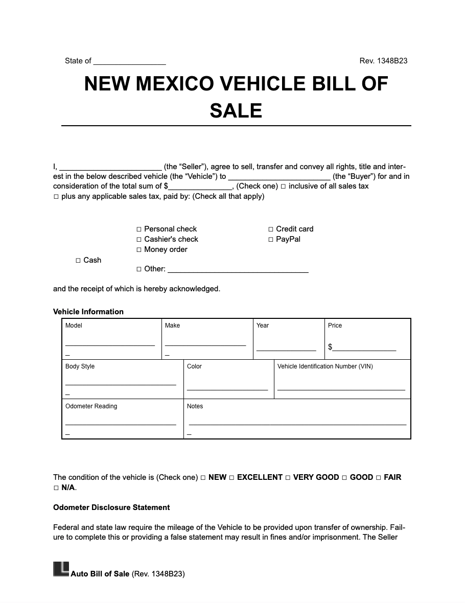 Free New Mexico Vehicle Bill Of Sale Form PDF amp Word