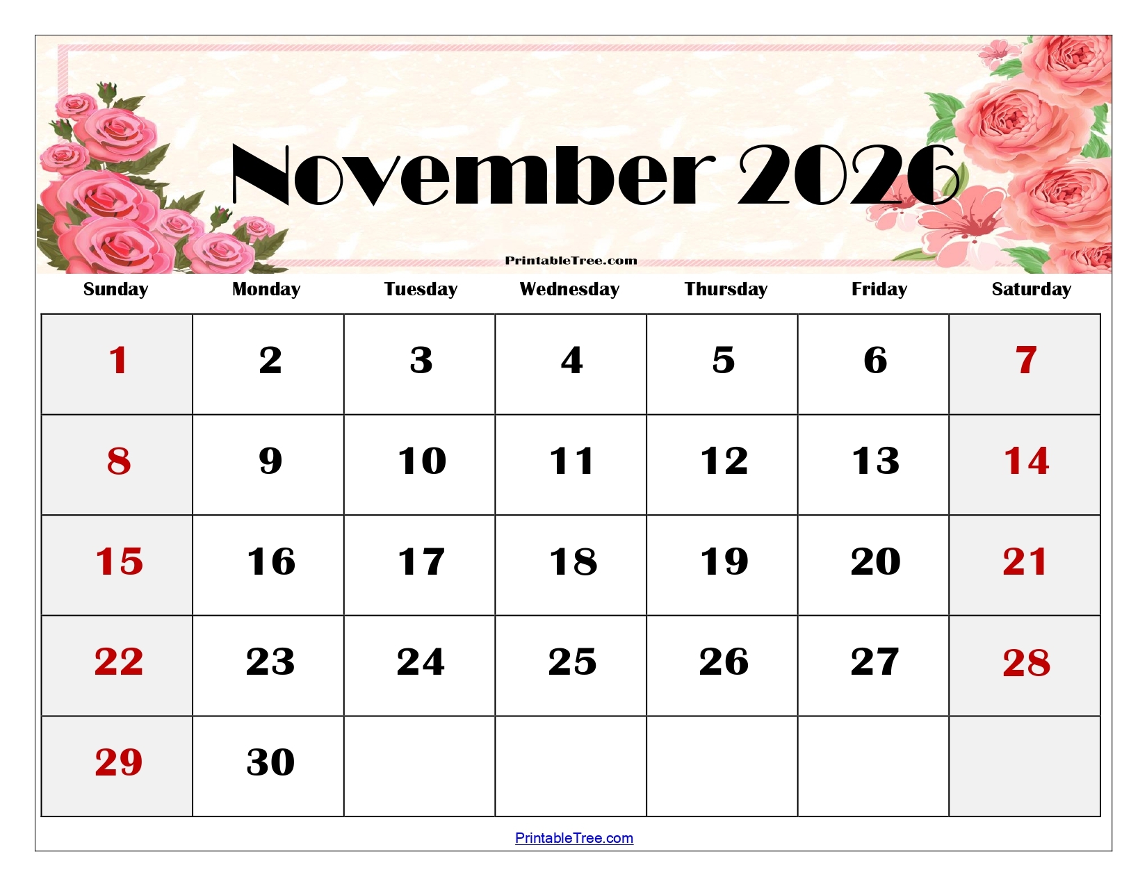 Printable Calendar Of November 2026