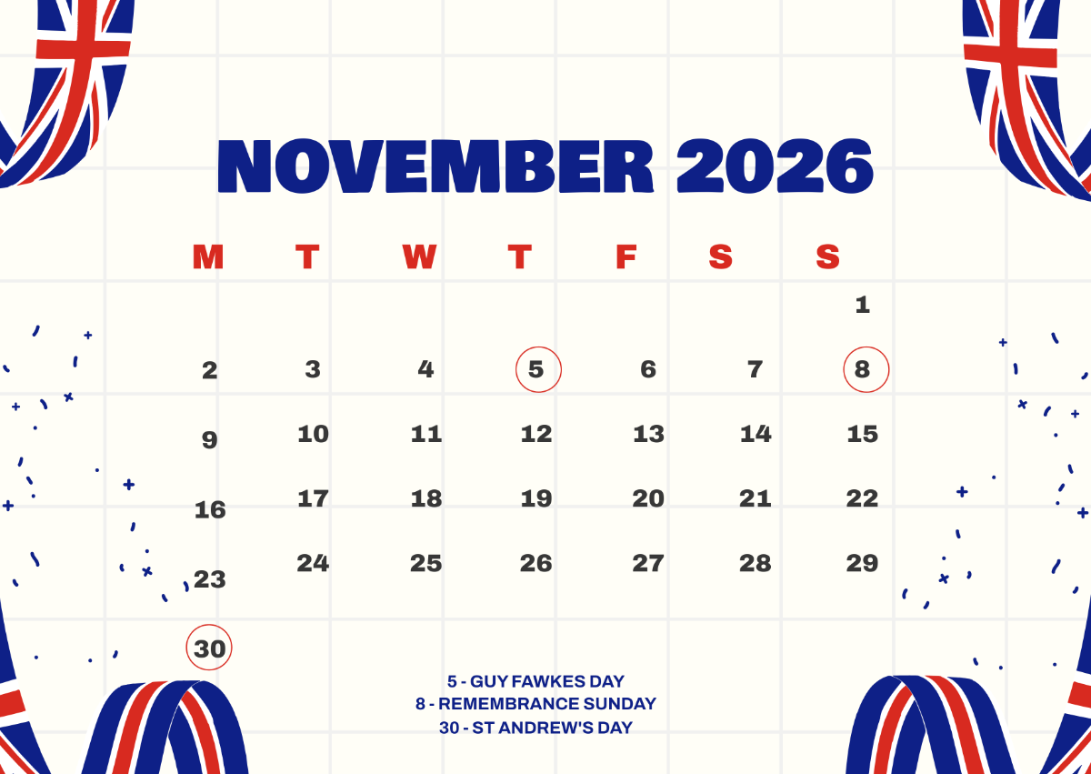 Free November 2026 Calendar UK Holidays Template To Edit Online