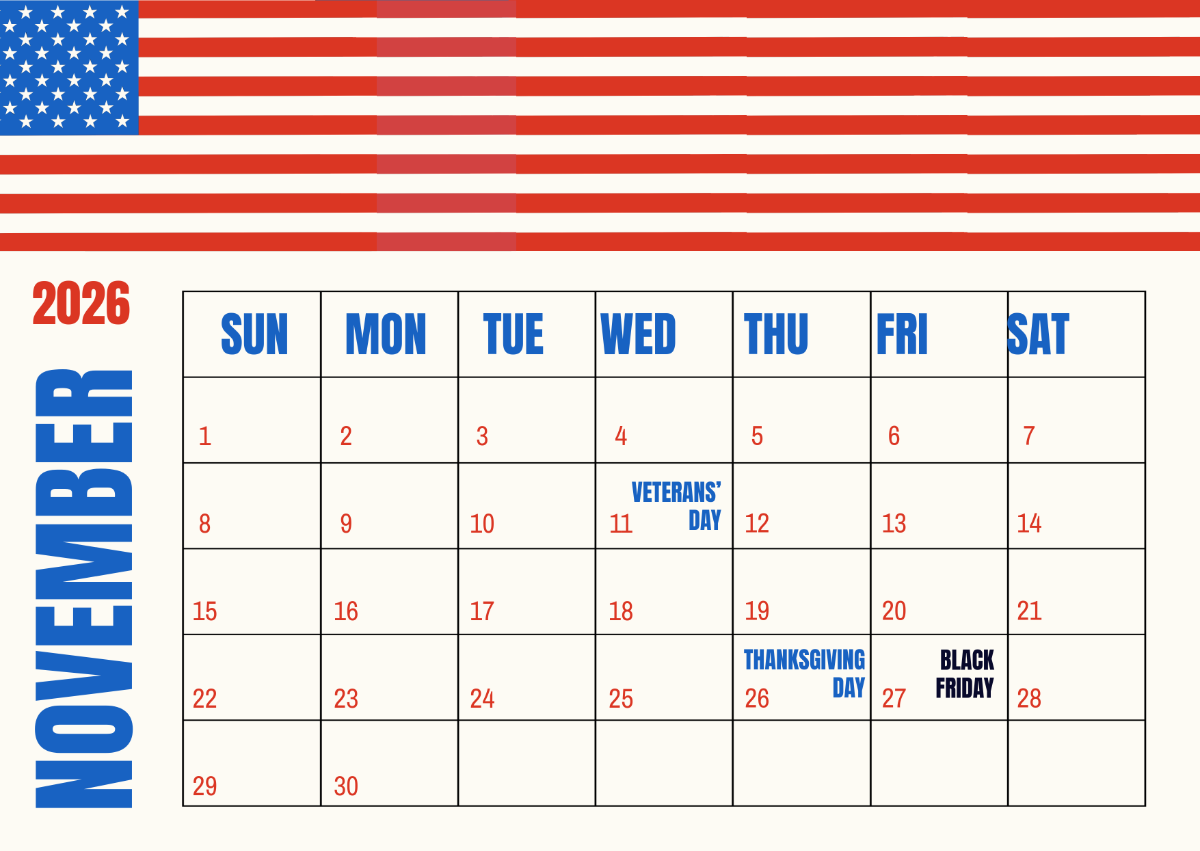 Free November 2026 Calendar With U S Holidays Template To Edit Online