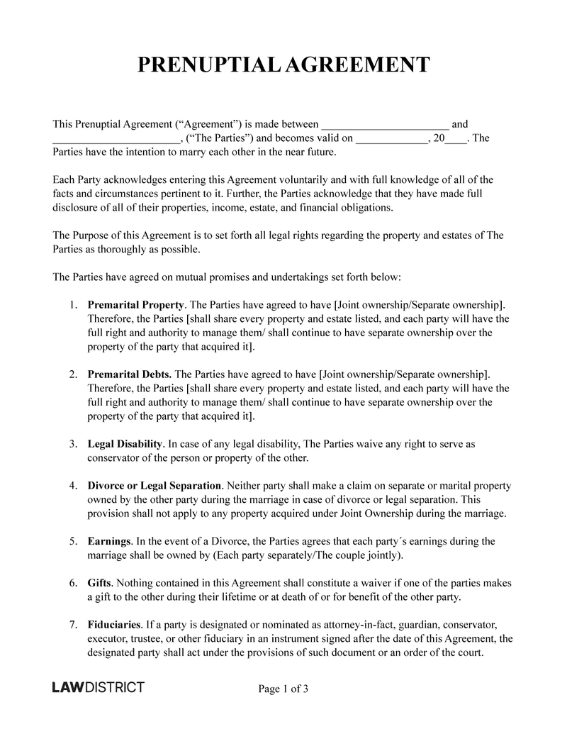 Printable Prenuptial Agreement Template