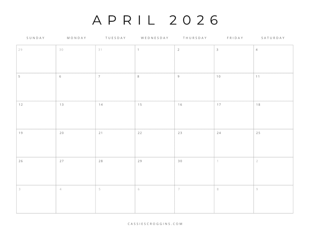 2026 Calendar Blank Template Printable