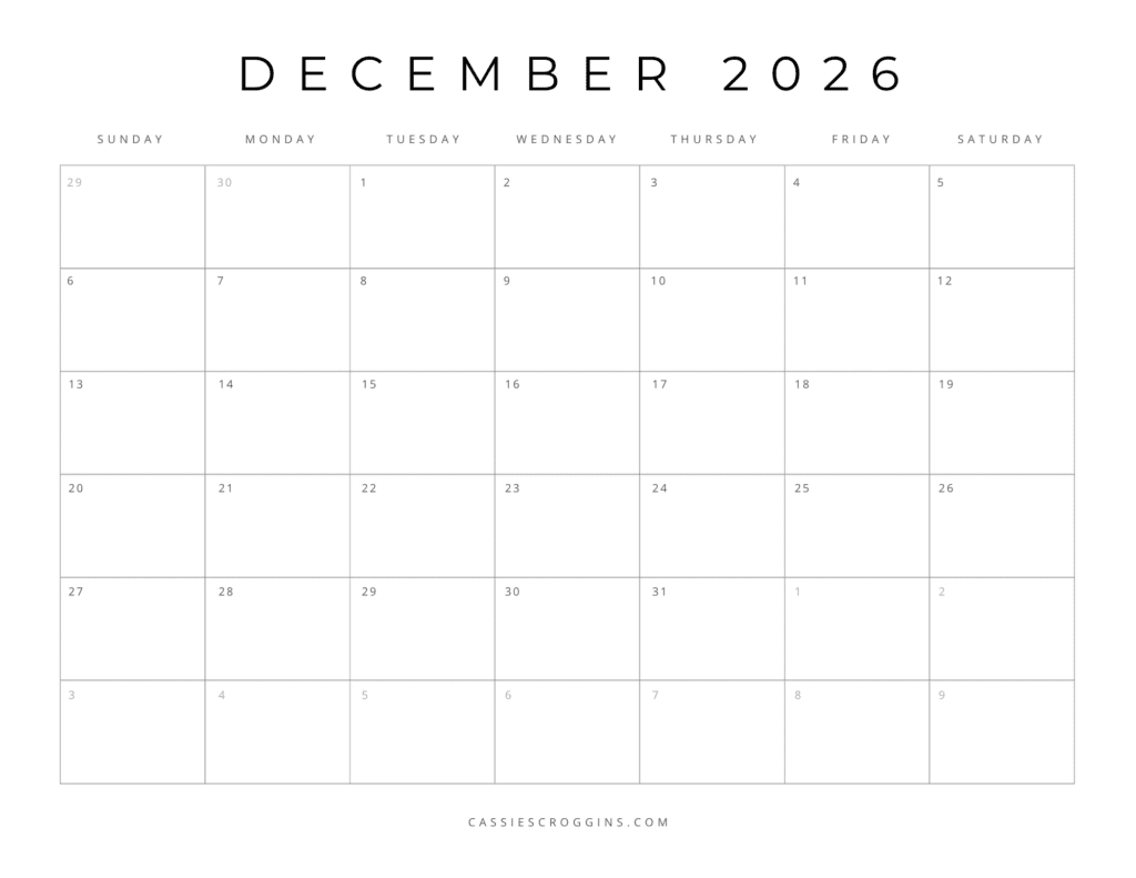 2026 December Calendar Printable Free