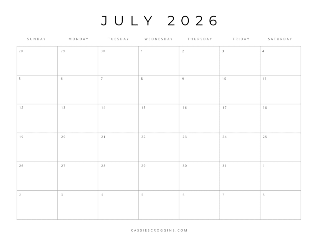 Printable July 2026 Calendar