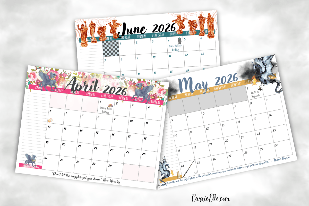 Free Printable 2026 Harry Potter Inspired Calendar Wizard Magic 