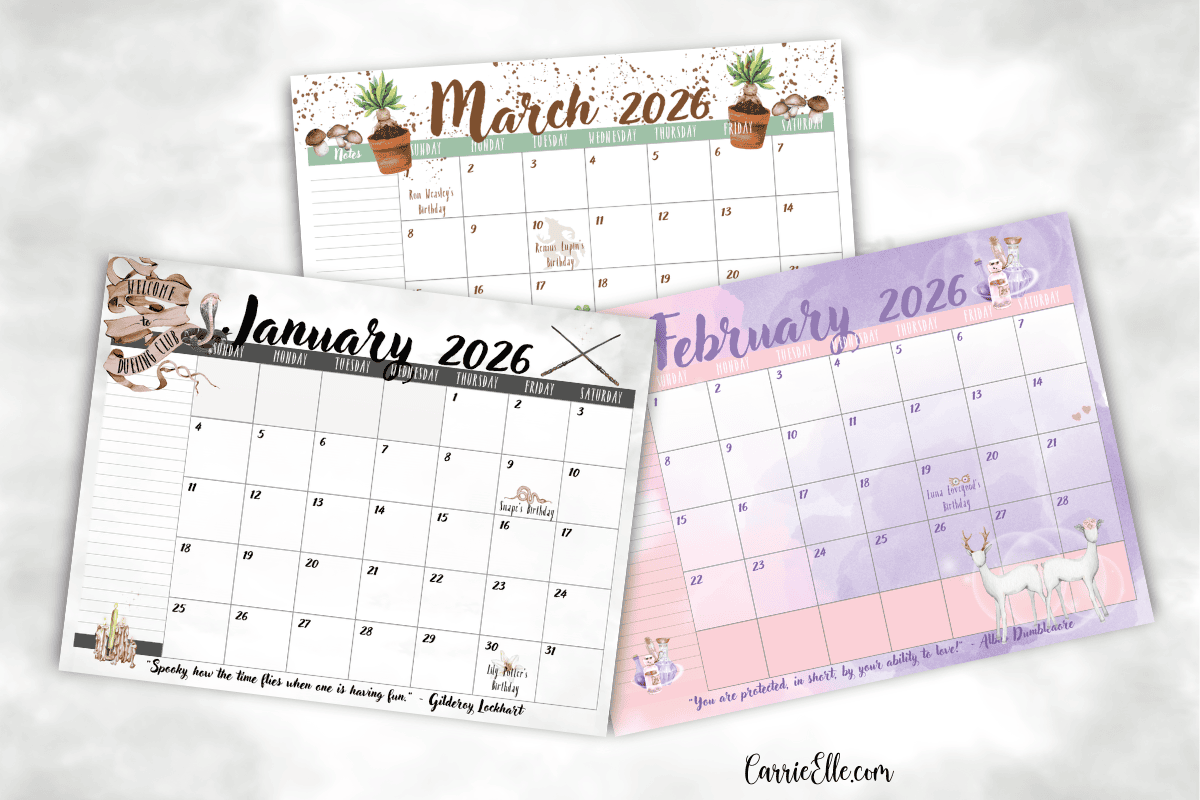 Free Printable 2026 Harry Potter Inspired Calendar Wizard Magic 
