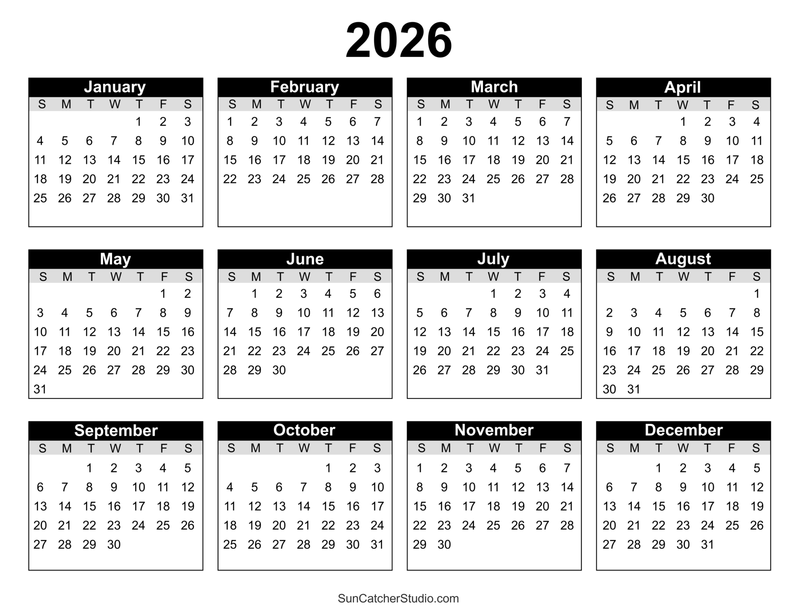 One Page 2026 Calendar Printable Free