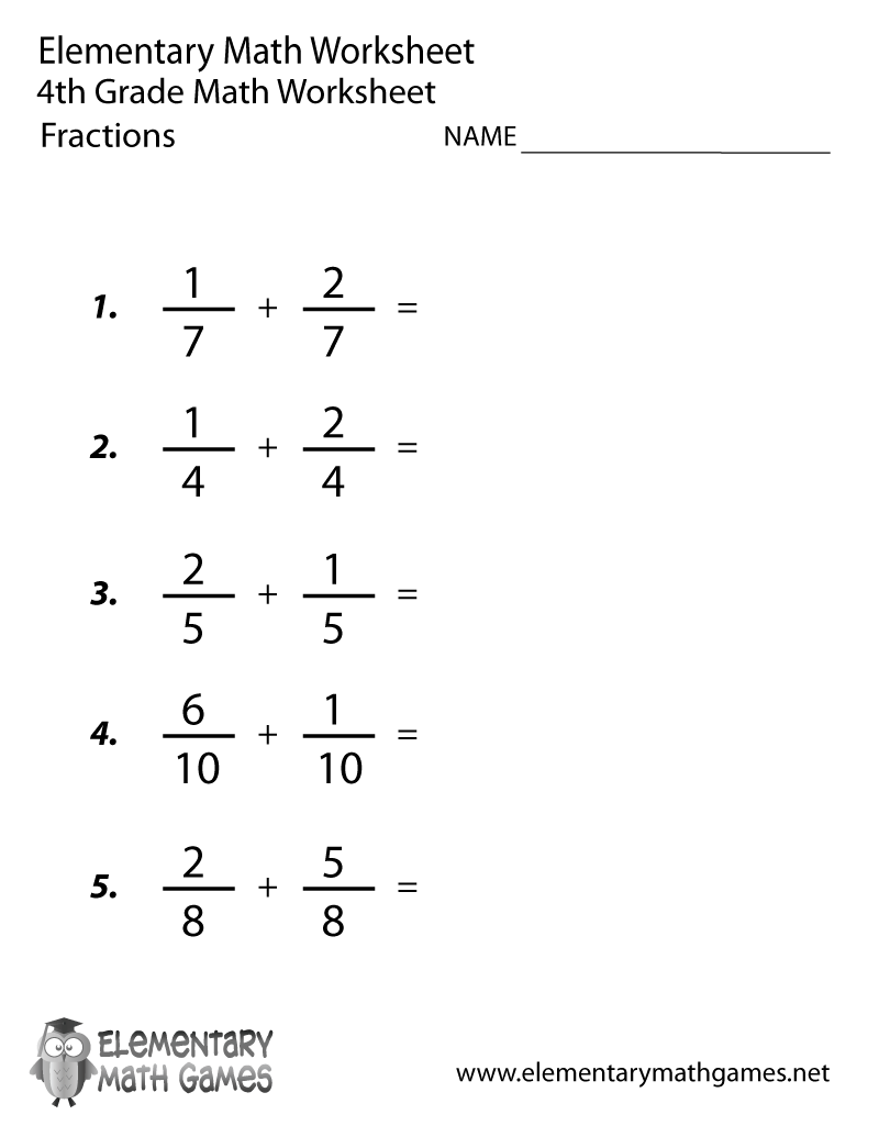 free printable adding fractions worksheet for fourth grade
