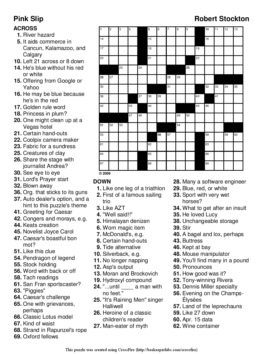 Free Printable Crossword Puzzle 93 Pink Slip Beekeeper 