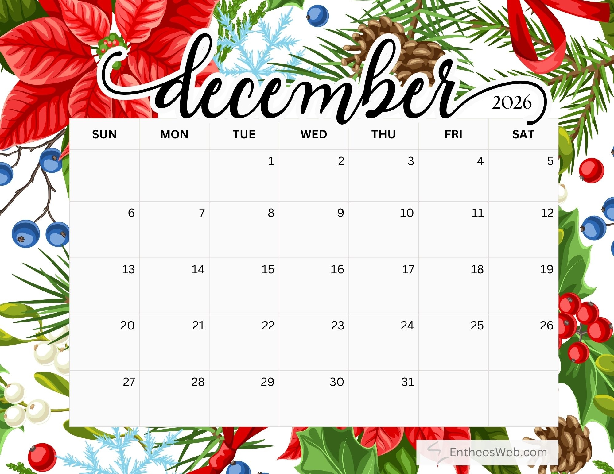 Free Printable December 2026 Calendars EntheosWeb