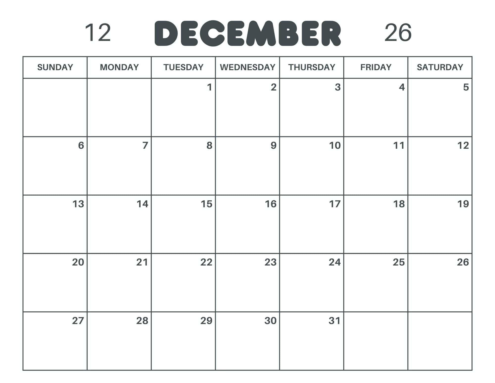Free Printable December Calendar 2025 2026 2027 PDF amp Editable 