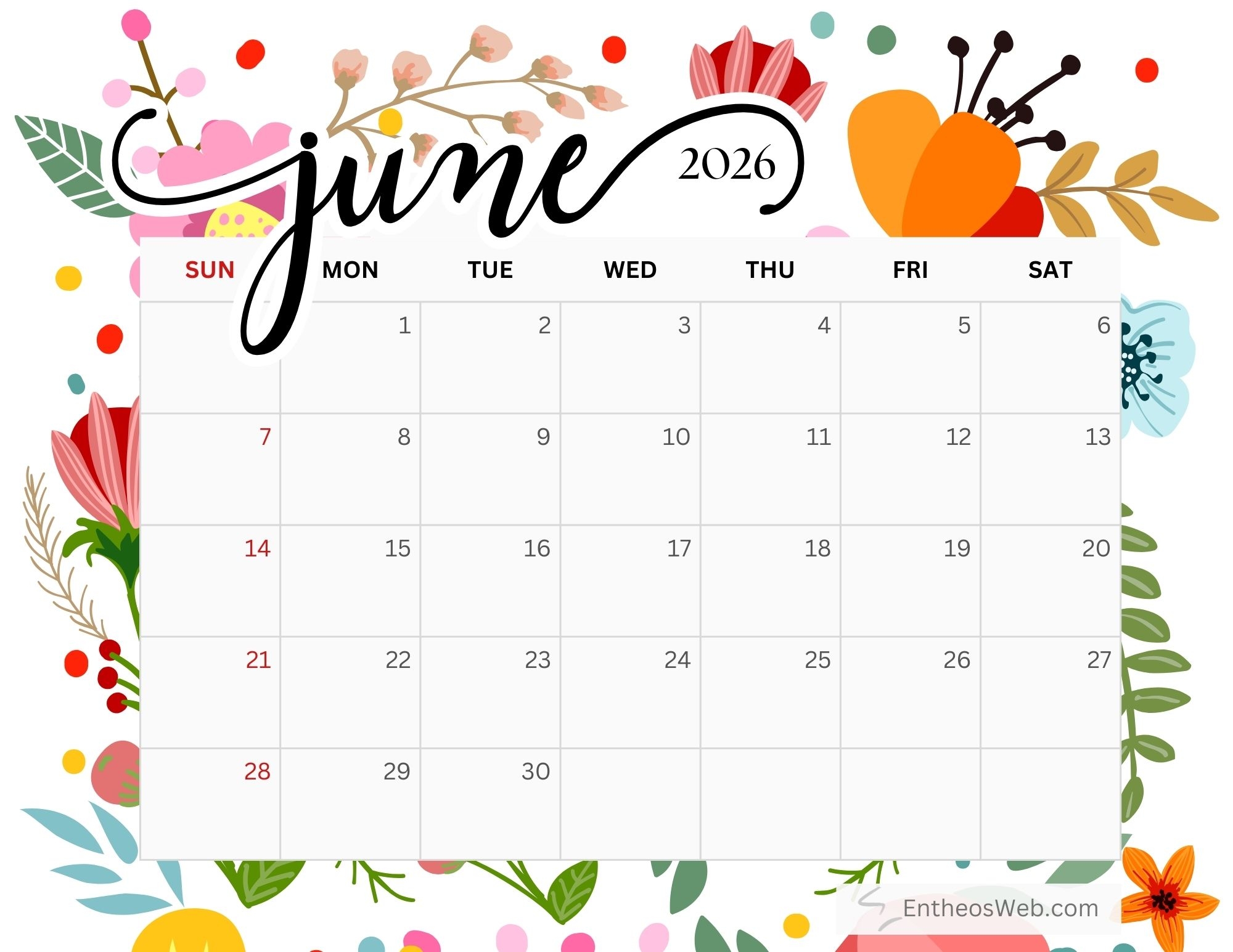 Printable Calendar June 2026 Free Printable