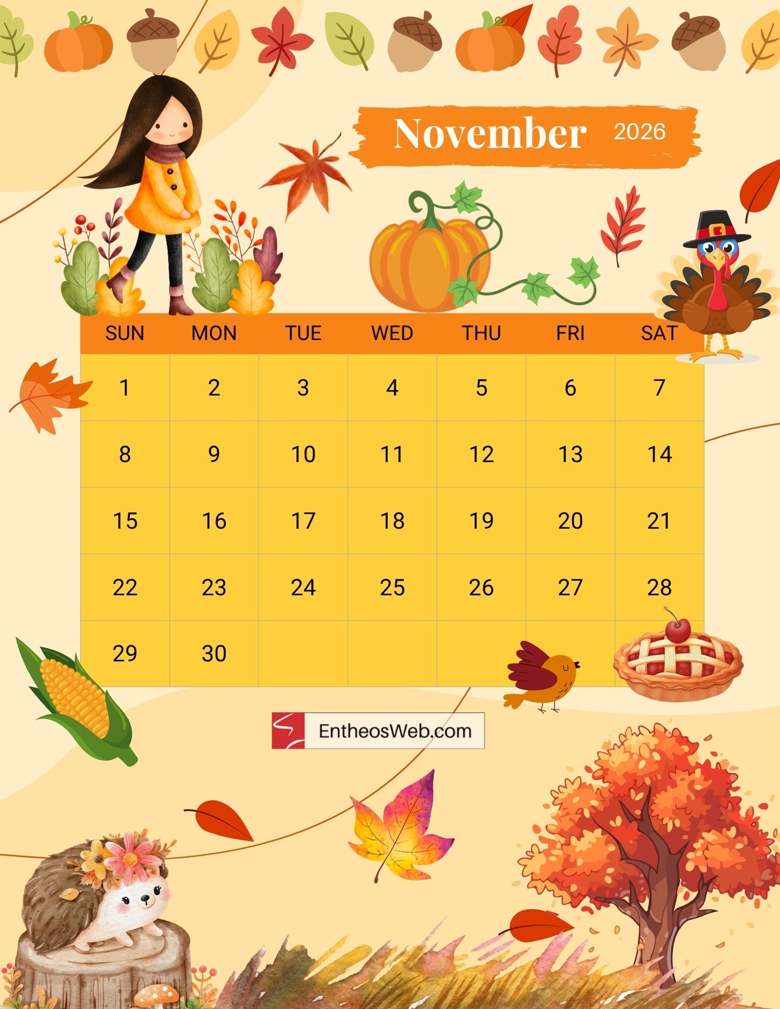 November 2026 Calendar Thanksgiving