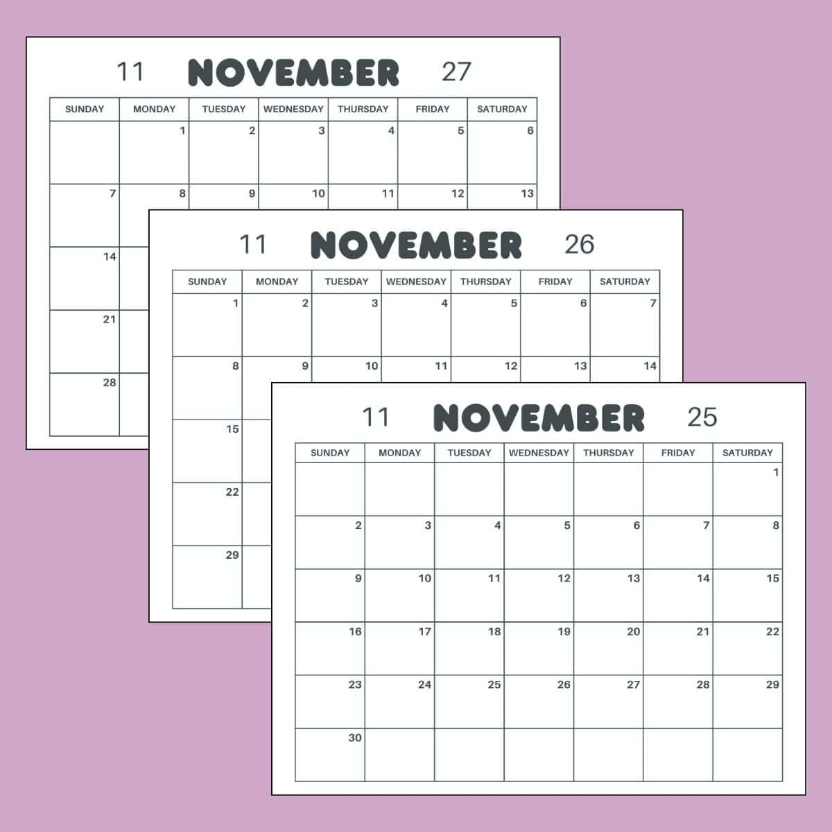 Free Printable November Calendar 2025 2026 2027 PDF amp Editable 