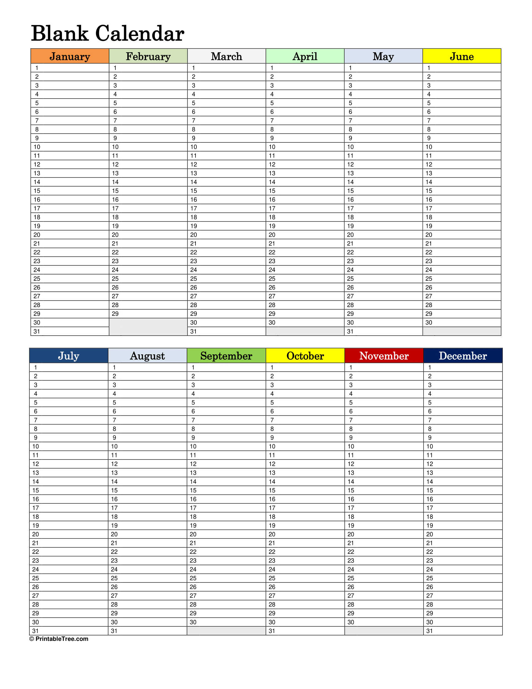 Free Printable Blank Yearly Calendar