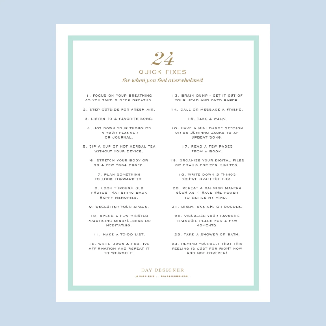 Free Quick Fixes For When You Feel Overwhelmed Printable Day 