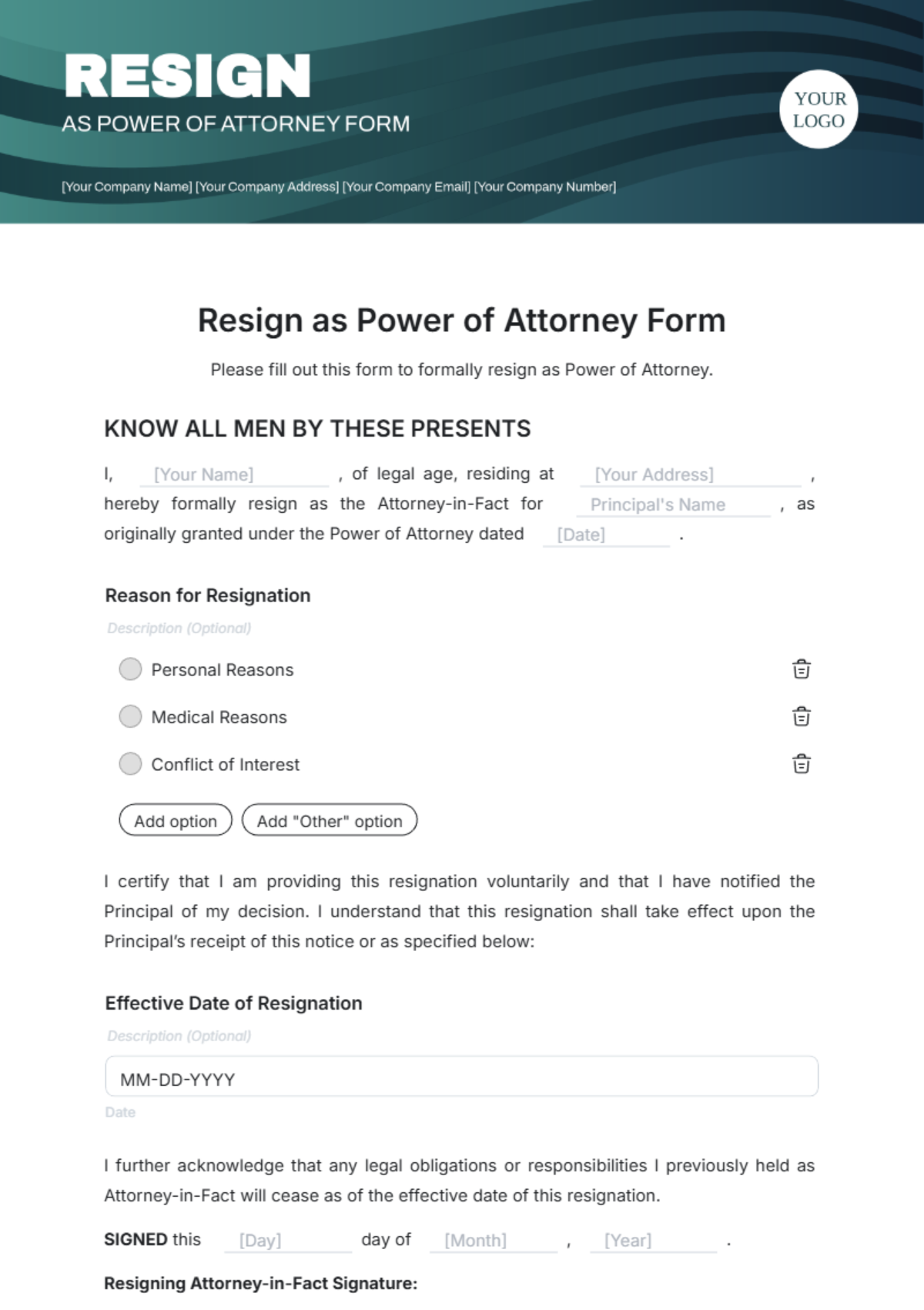 Free Resign As Power Of Attorney Form Template To Edit Online