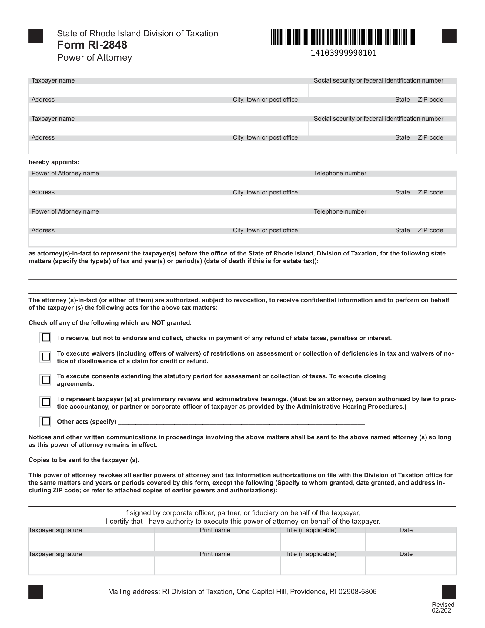 Free Rhode Island Tax Power Of Attorney Form RI 2848 PDF EForms
