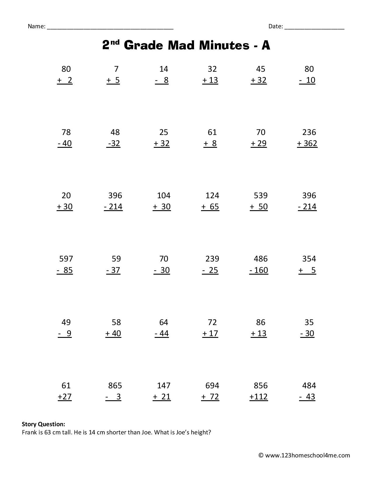 Math Worksheets Second Grade Printable