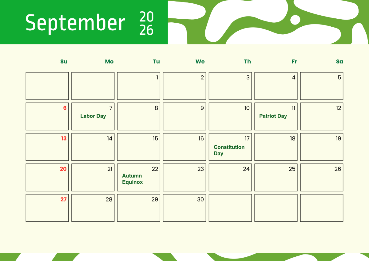 Free September 2026 Calendar With Holidays Template To Edit Online