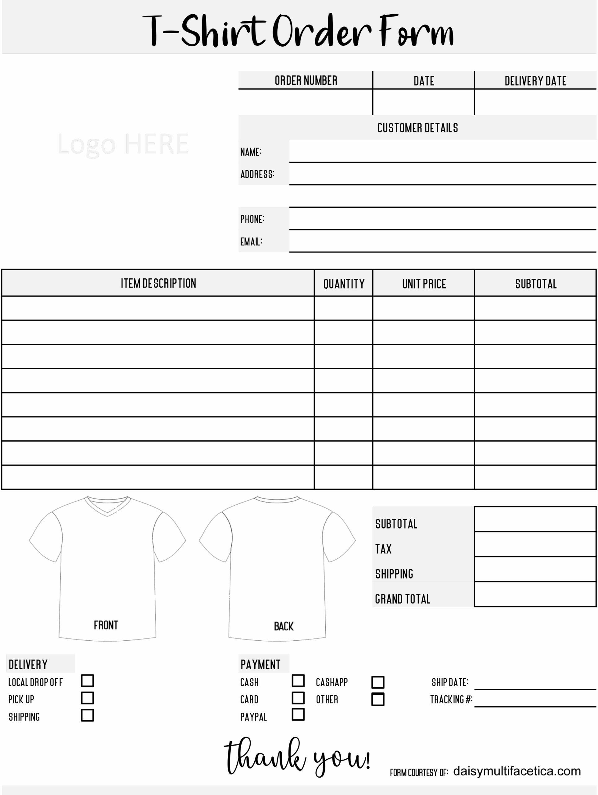 FREE T Shirt Order Form TEMPLATES In PNG To Customize Daisy 