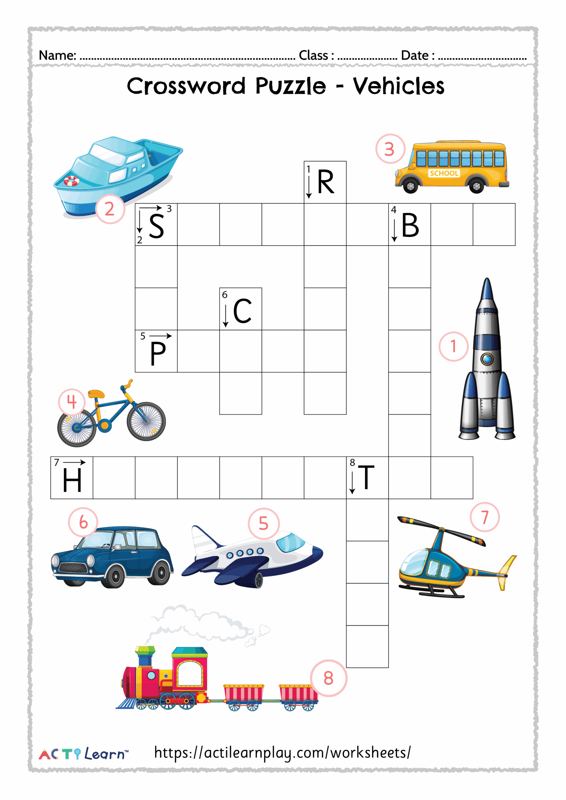 Free Vehicles Crossword For Kids Transportation Activity