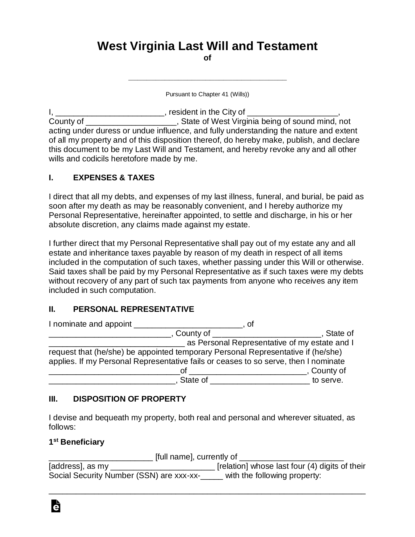 Free West Virginia Last Will And Testament Template PDF Word 