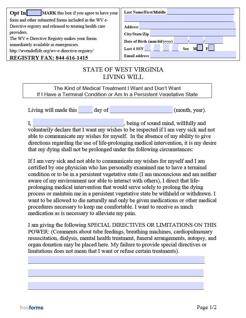 Free West Virginia Living Will Form PDF