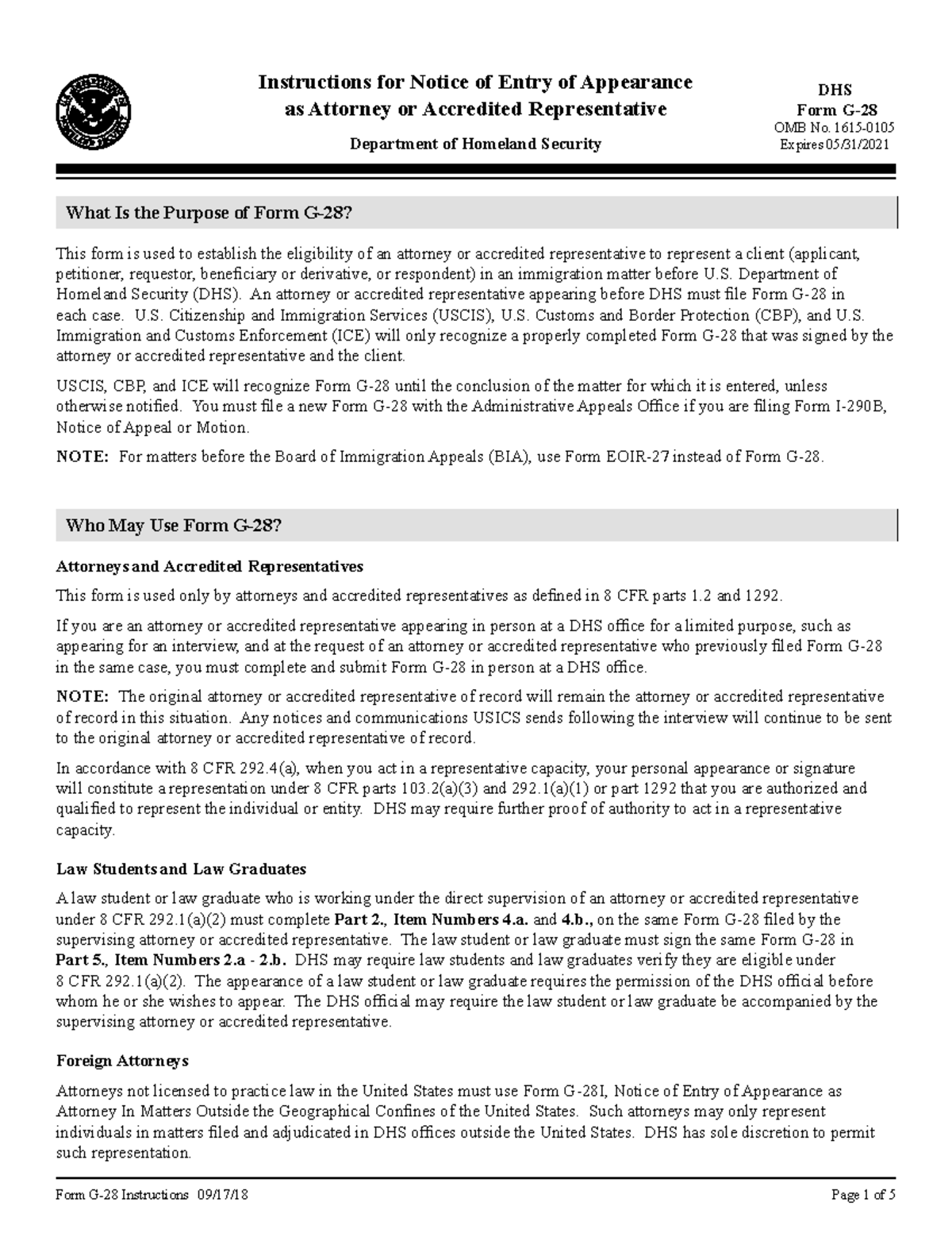 G 28 Instructions Notice Of Entry Of Appearance For DHS 