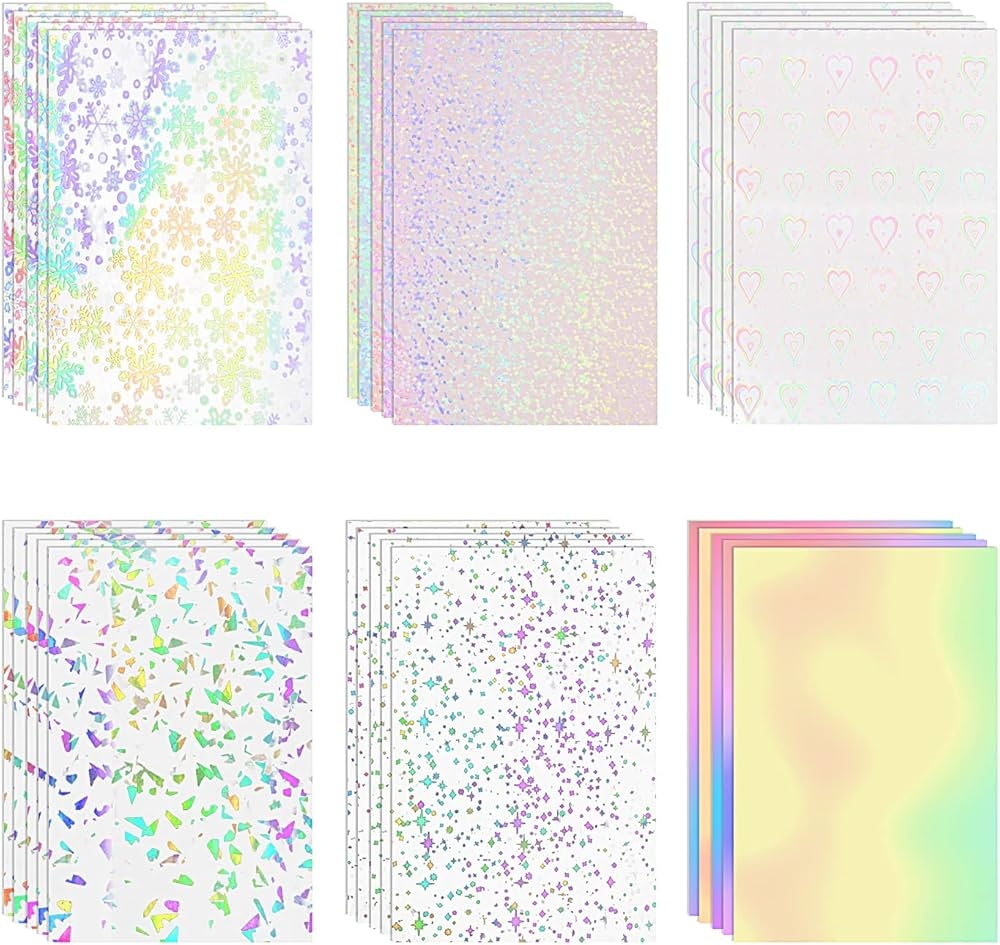 Gearific 30 Sheets Transparent Holographic Overlay Lamination Glitter Vinyl Sticker Paper A4 Size Self Adhesive Permanent Vinyl Sheets 6 Patterns 