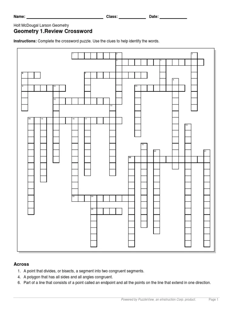 Basic Geometry Terms Crossword Puzzle