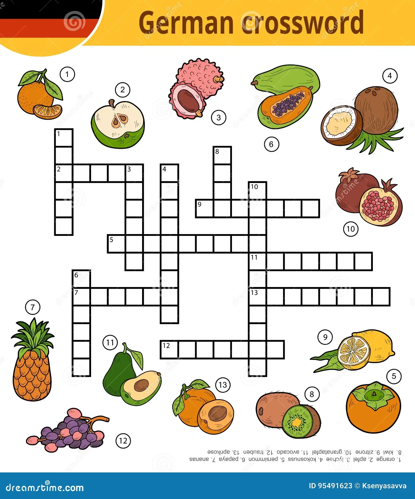 German Crossword Education Game For Children About Fruits Stock 