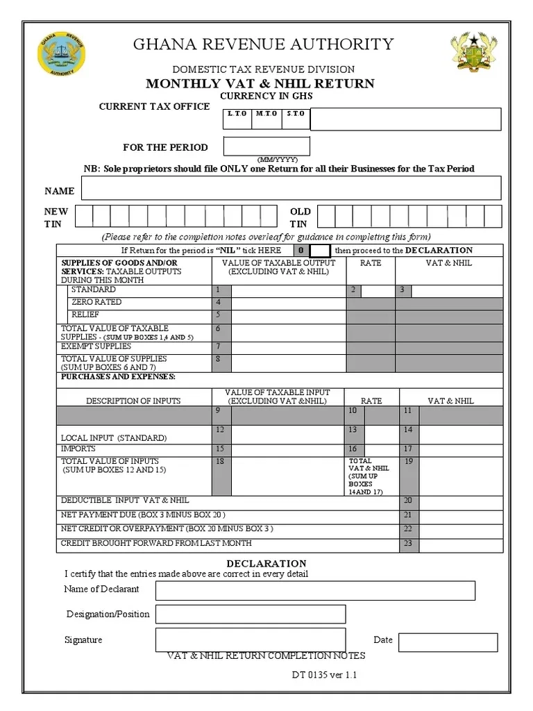 Ghana Revenue Authority Monthly Vat amp Nhil Return PDF Value 