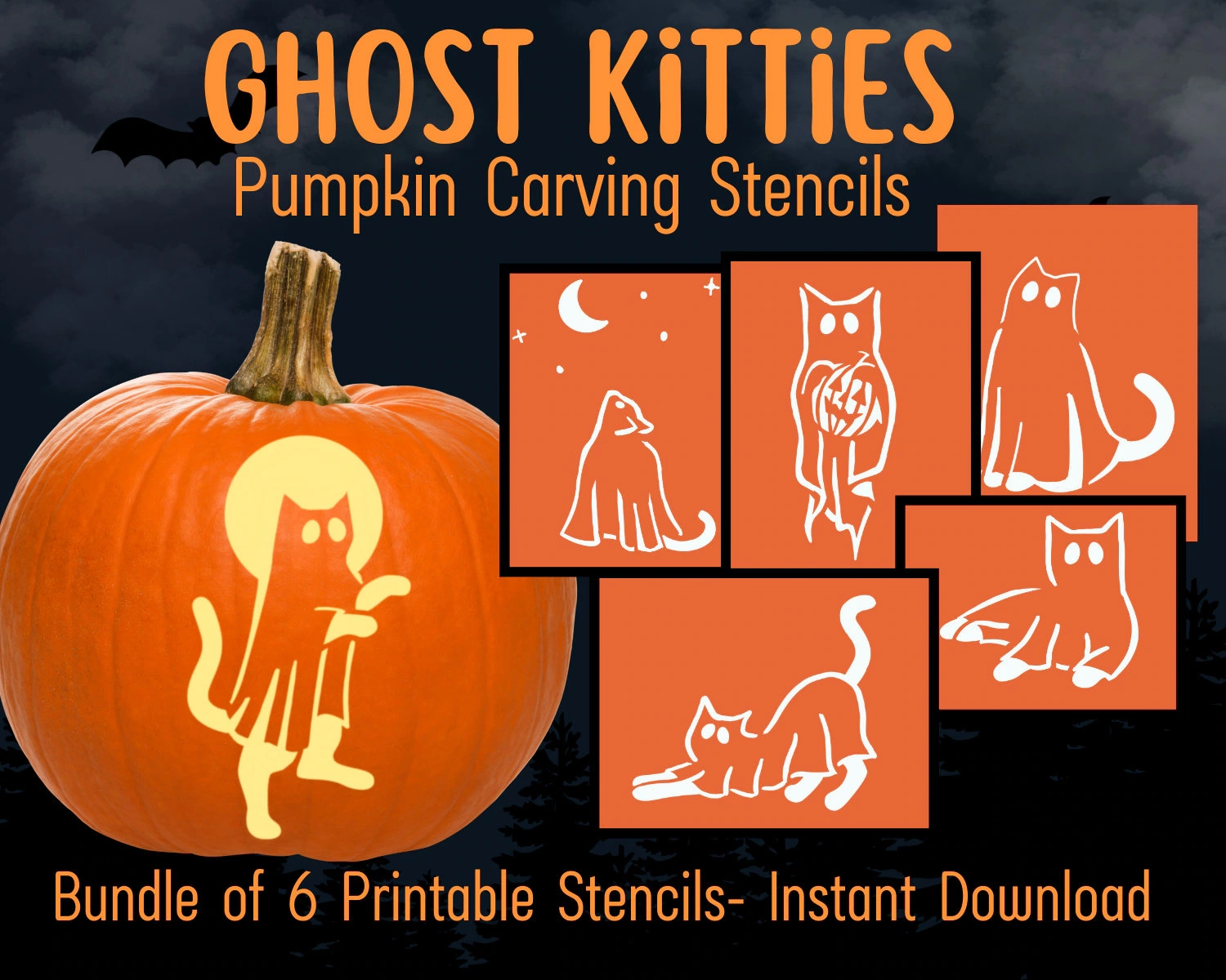 Ghost Cat Pumpkin Carving Stencil Cat Pumpkin Carving Template 