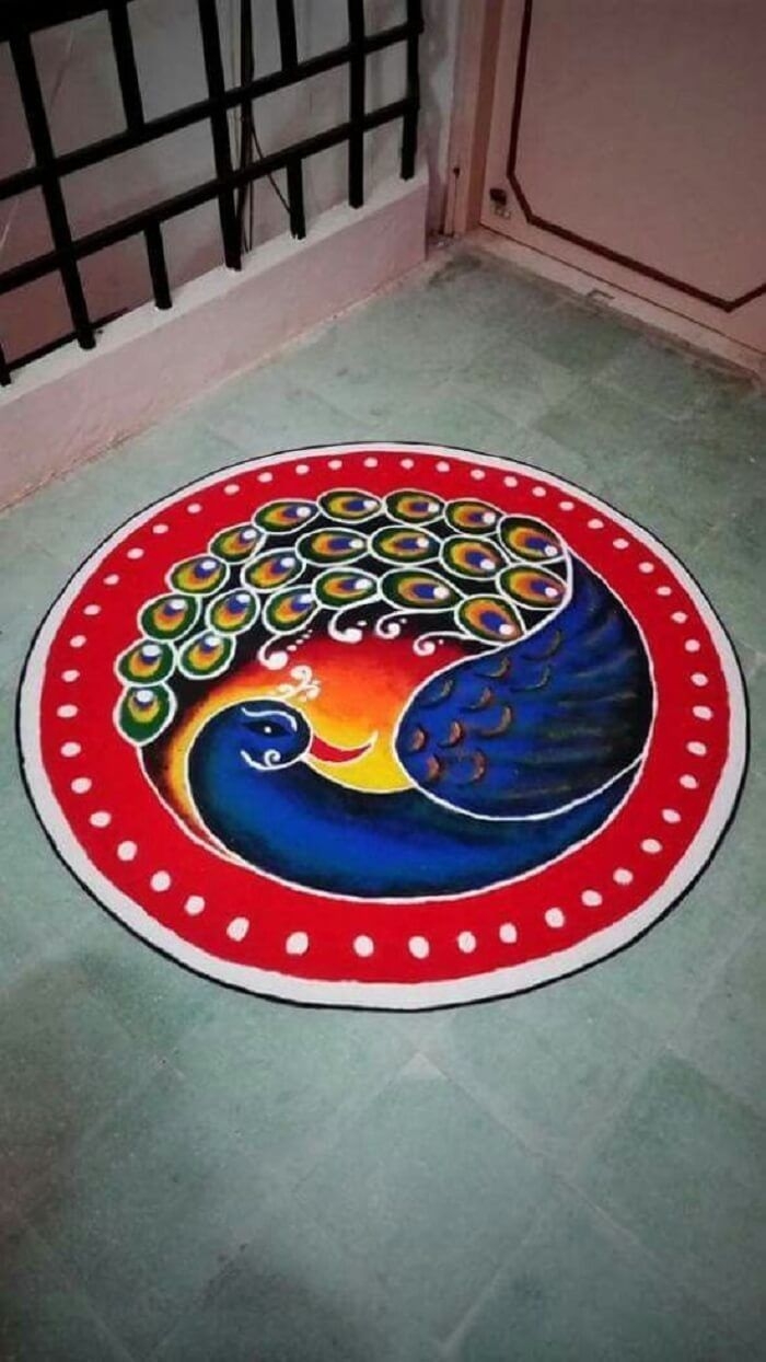 Gorgeous Peacock Circle Rangoli Blue Red White