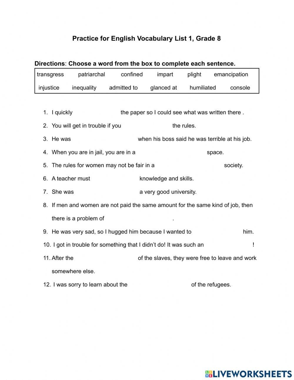 Grade 8 Vocabul Free Interactive Worksheets 2137225