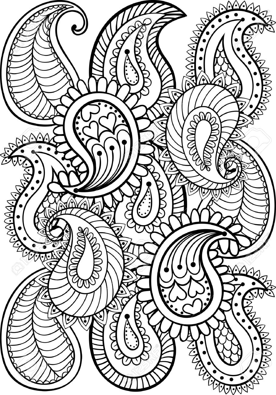 Hand Drawn Paisley Pattern For Adult Coloring Page A4 Size In 