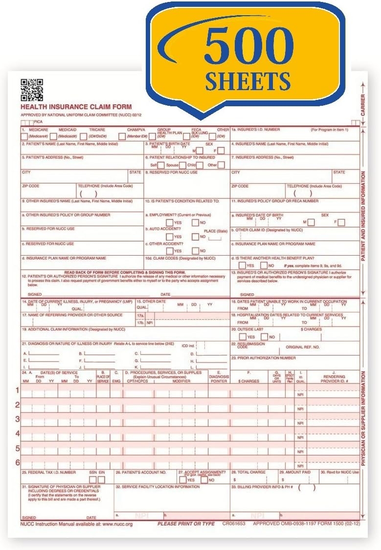Health Insurance Claim Form 1500 CMS 1500 Claim Forms HCFA 