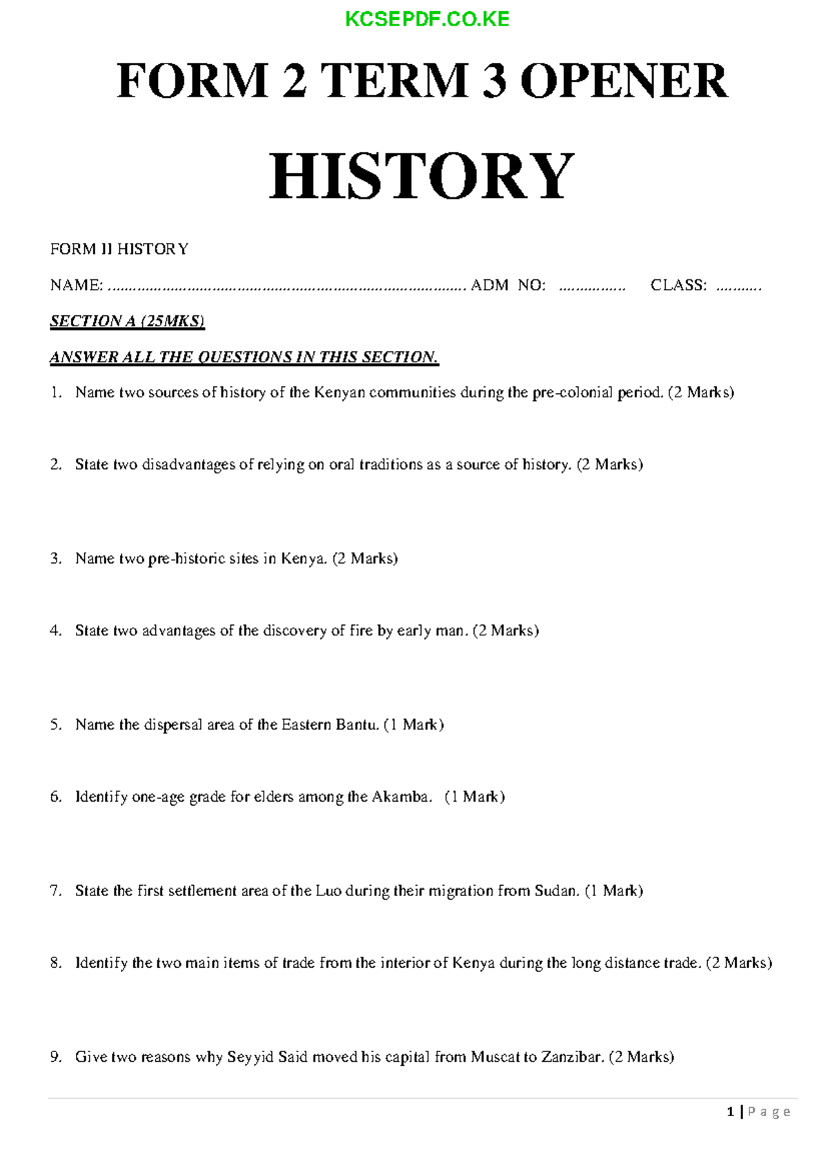 History Form 2 Term 3 Opener Exam Questions 2021 Studocu