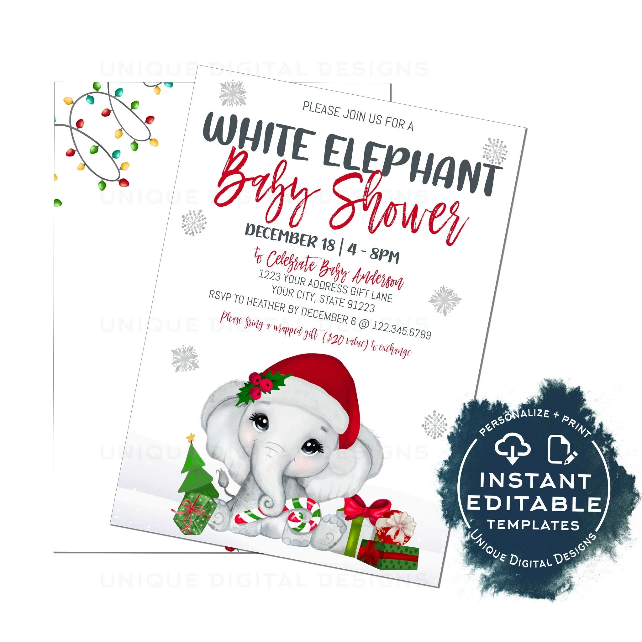 Holiday Baby Shower Party Invitation Editable Christmas White Elephan
