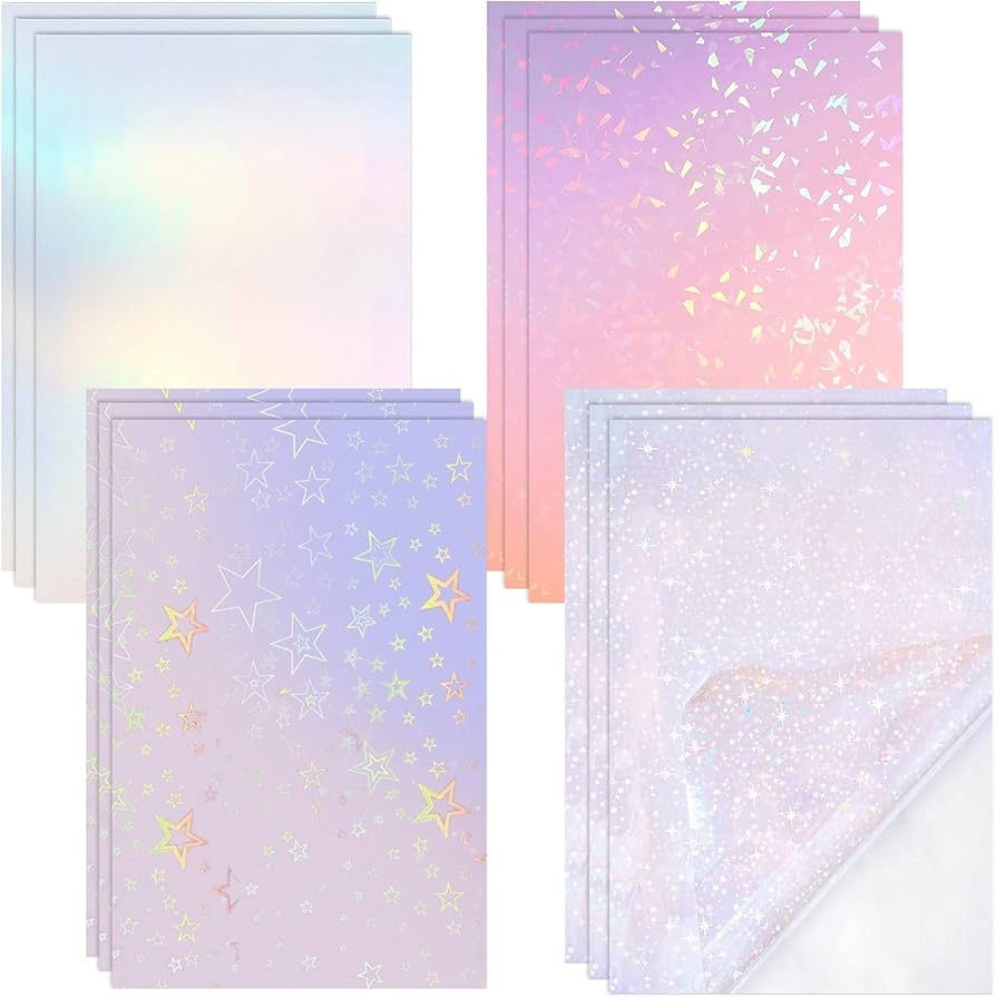 Holographic Sticker Paper 12 Pieces A4 Hologram Film Vinyl Film A4 Holographic Transparent Vinyl Waterproof Self Adhesive Holographic Film 