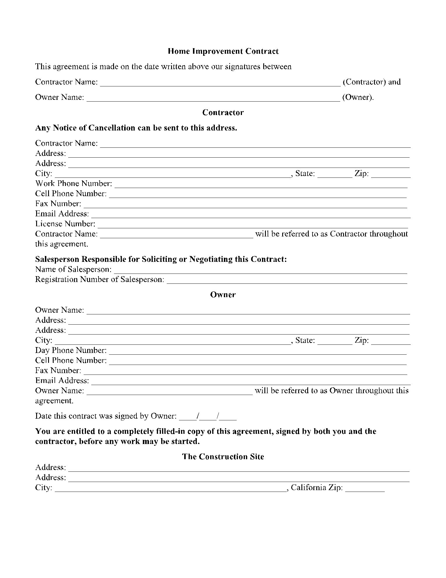 Printable Home Improvement Free Remodeling Contract Template Word