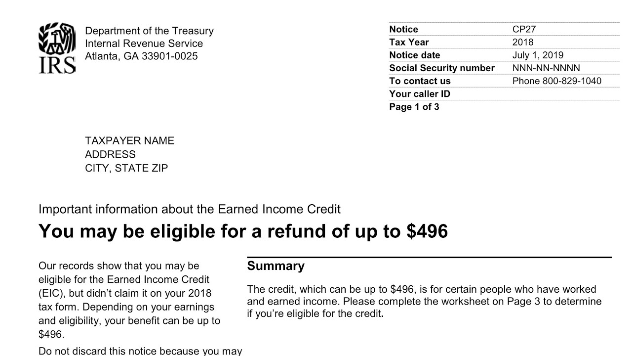 How To Understand Your CP27 Notice IRS Tax Credit Earned Income Credit 