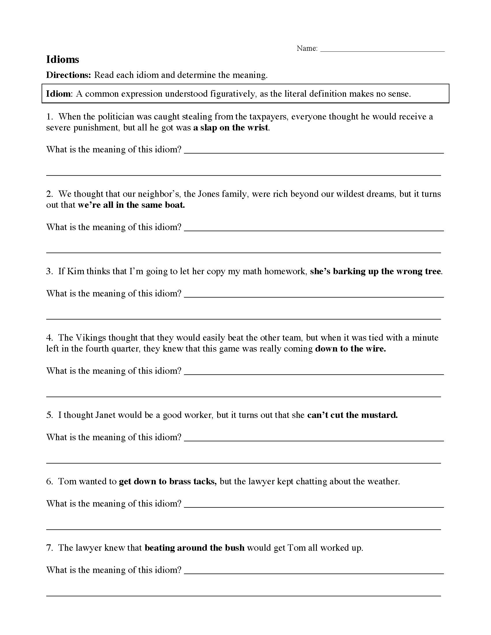 Idiom Worksheet 1 Reading Activity