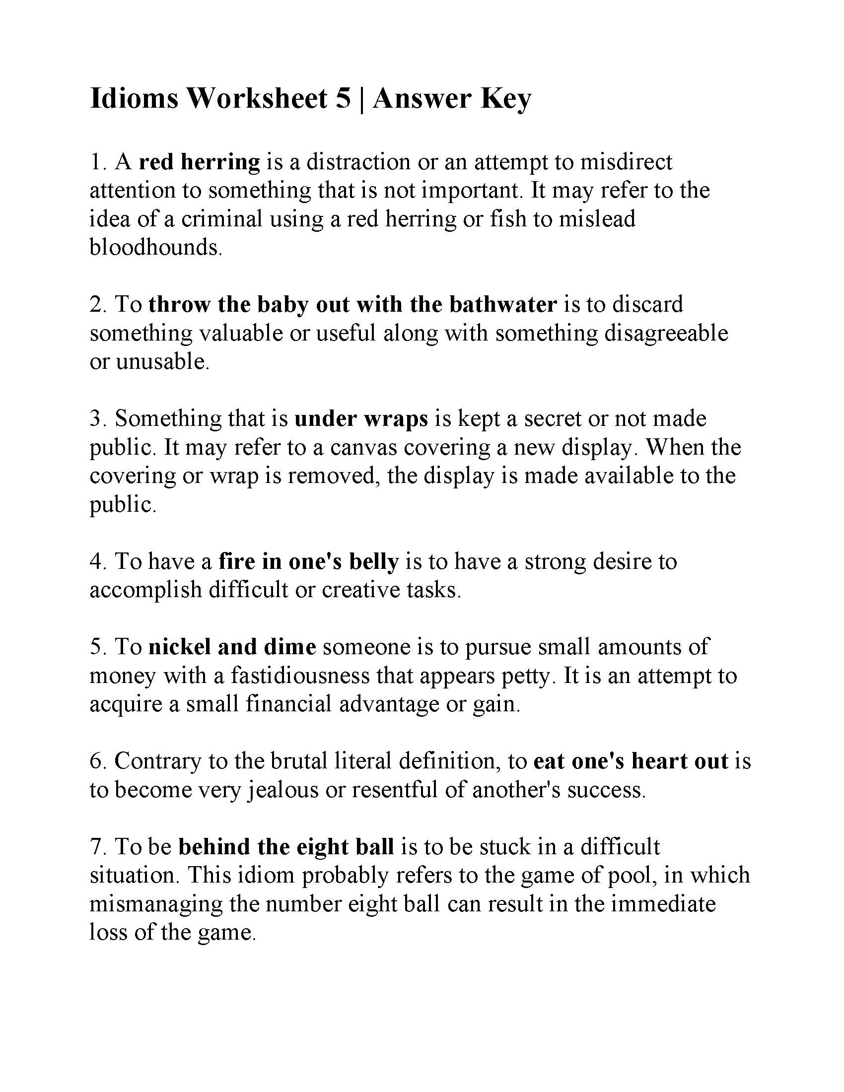 Idiom Worksheet 5 Reading Activity