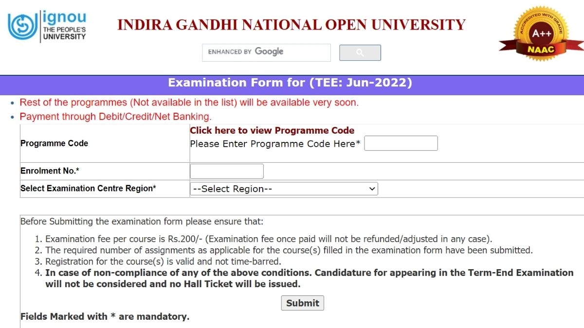Ignou Exam Form June 2026 Link